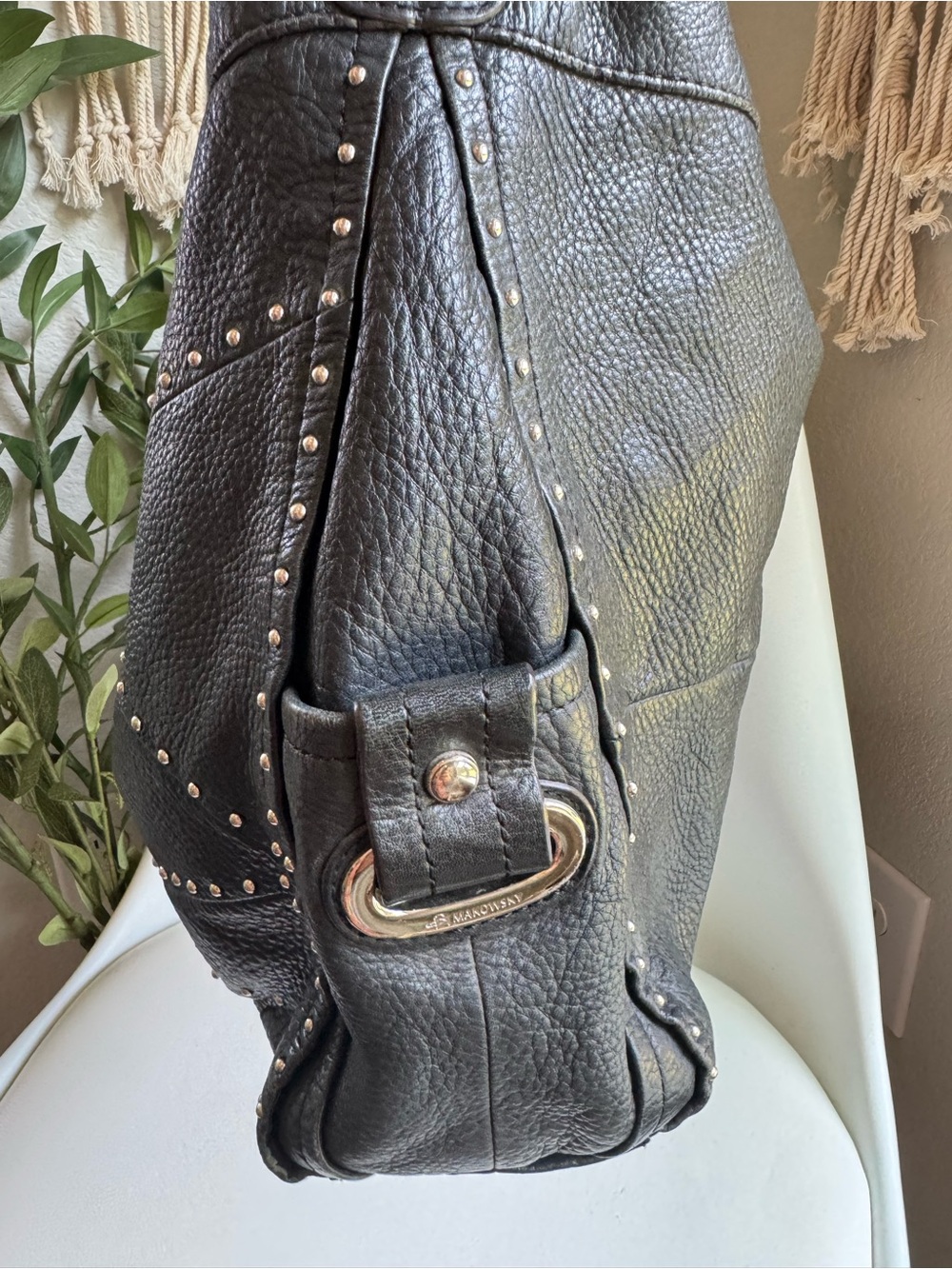 B. Makowsky Black Studded Pebbled Leather Hobo Bag Large Y2K Slouchy Shoulder - Picture 3 of 11